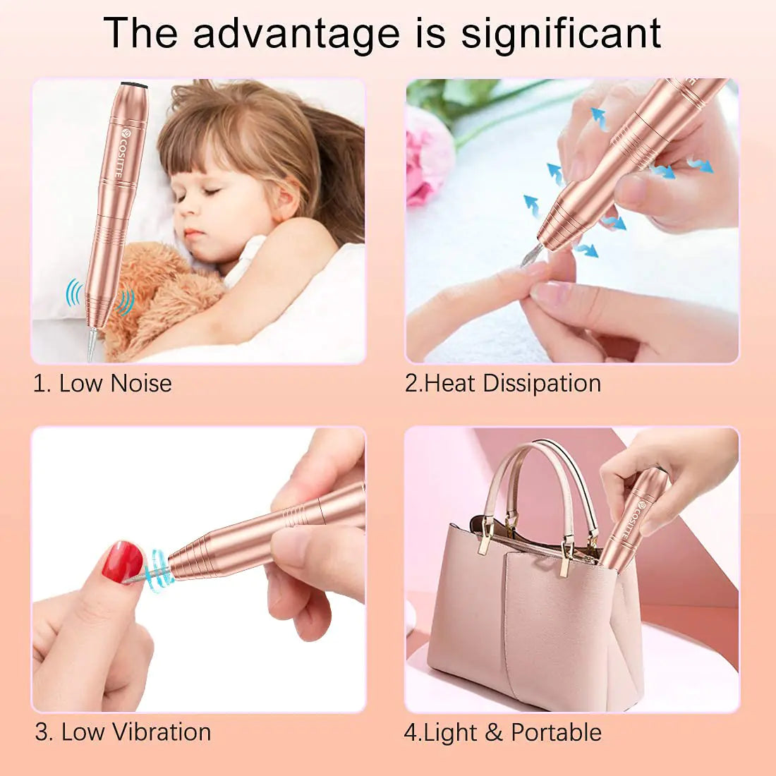 Electric Nail Drill, USB Electric Nail Drill Machine for Acrylic Nails, Portable Electrical Nail File Polishing Tool Manicure Pedicure Efile Nail Supplies for Home and Salon Use, Gold