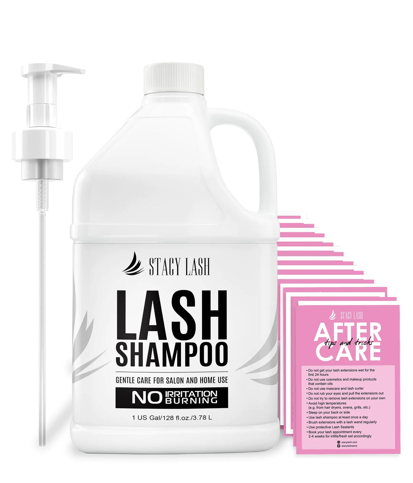 STACY LASH Eyelash Extension Shampoo 1US Gal / 128 fl.oz. / 3.78L / Eyelid Foaming Cleanser/Safe Wash for Extensions & Natural Lashes/Supplies for Professional & Home Use / 50 Aftercare Cards 1 Gallon (Pack of 1)