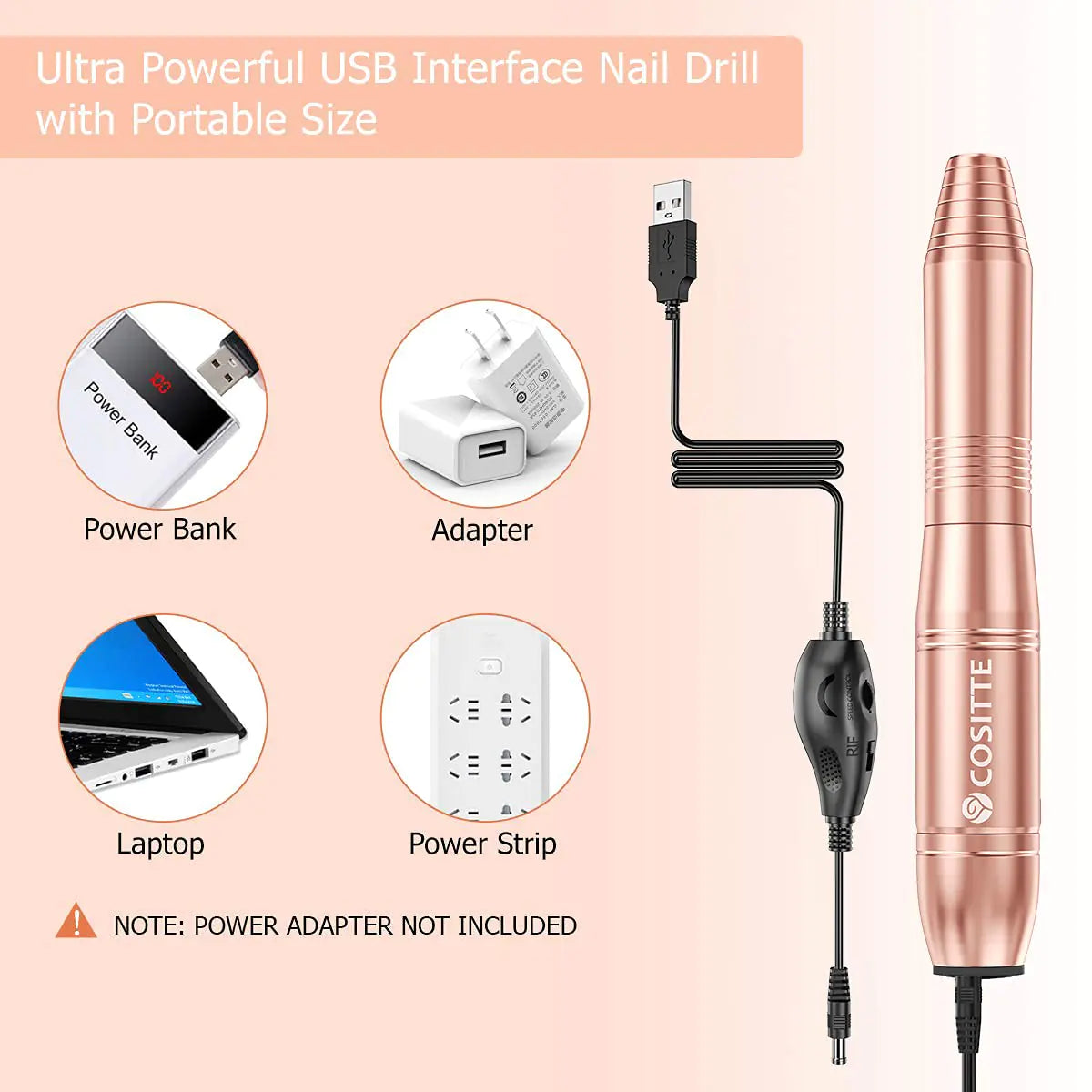 Electric Nail Drill, USB Electric Nail Drill Machine for Acrylic Nails, Portable Electrical Nail File Polishing Tool Manicure Pedicure Efile Nail Supplies for Home and Salon Use, Gold