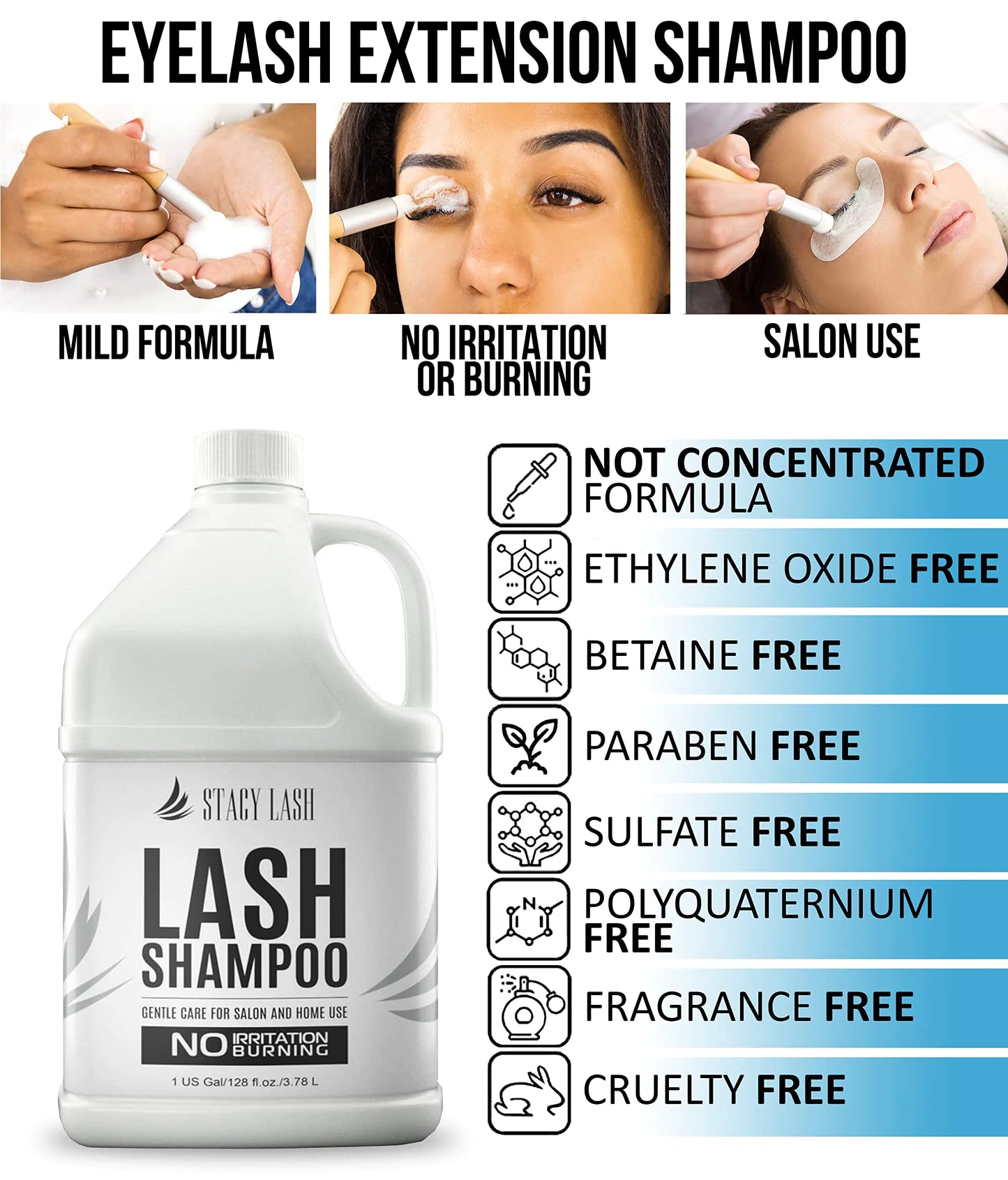 STACY LASH Eyelash Extension Shampoo 1US Gal / 128 fl.oz. / 3.78L / Eyelid Foaming Cleanser/Safe Wash for Extensions & Natural Lashes/Supplies for Professional & Home Use / 50 Aftercare Cards 1 Gallon (Pack of 1)