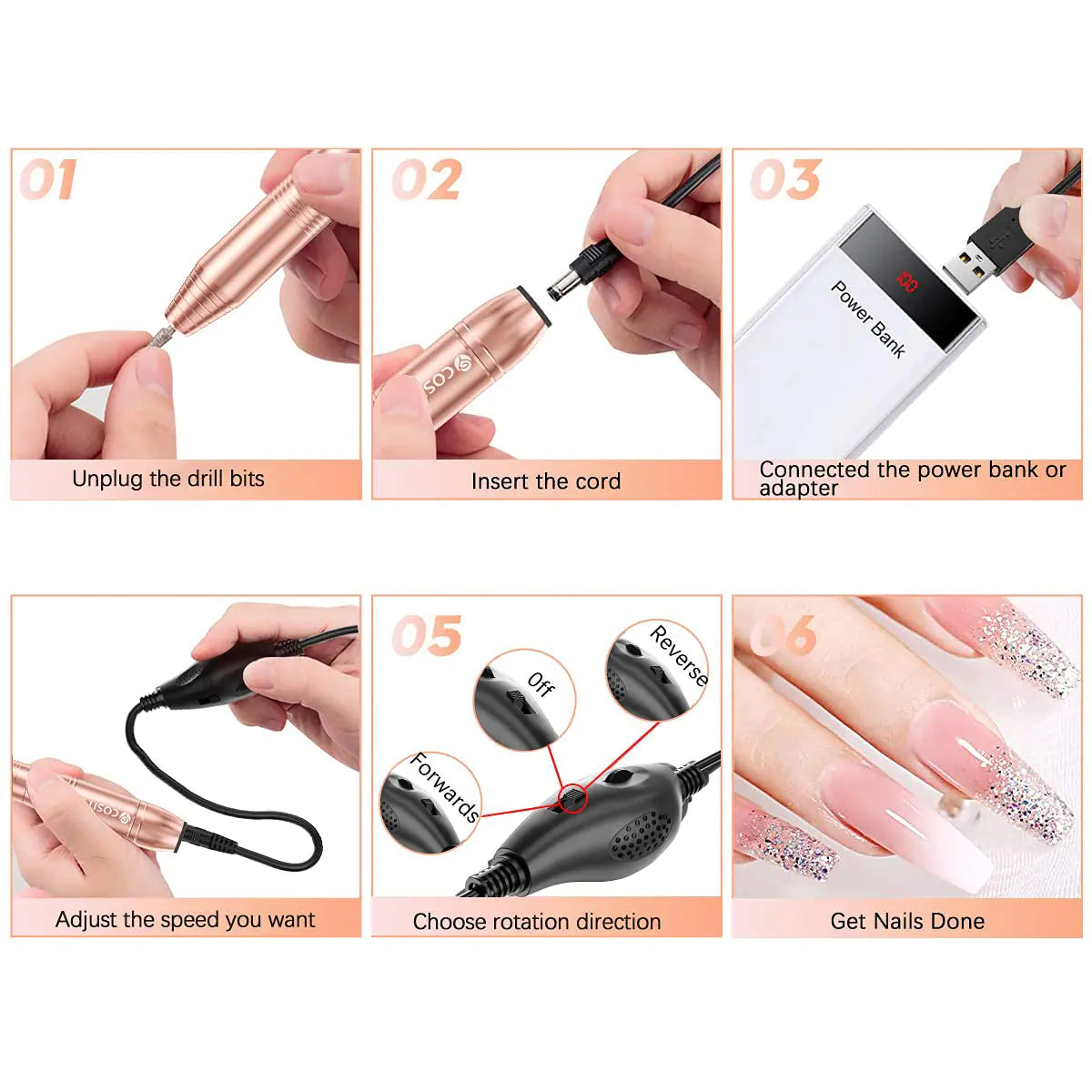 Electric Nail Drill, USB Electric Nail Drill Machine for Acrylic Nails, Portable Electrical Nail File Polishing Tool Manicure Pedicure Efile Nail Supplies for Home and Salon Use, Gold